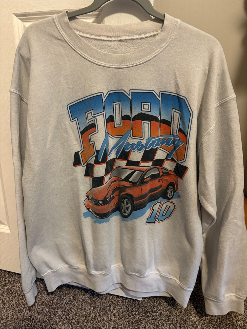 Ford White Crewneck with Blue and Orange Racing Graphic